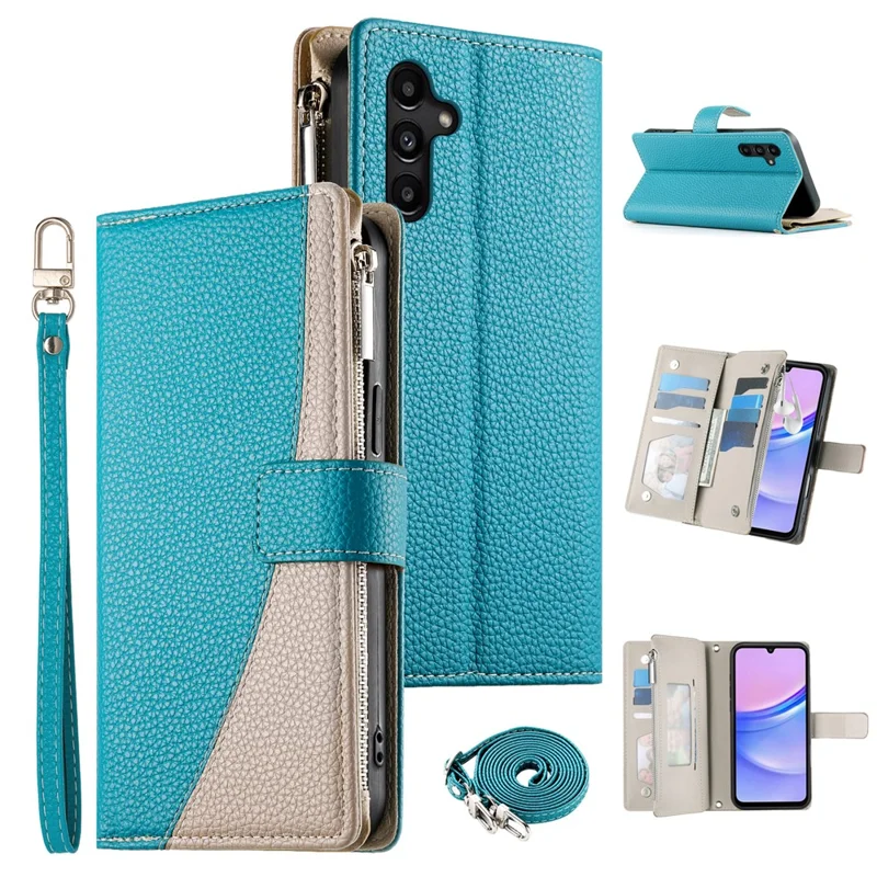 Capa para Samsung Galaxy A15 5G / 4G Carteira com Zíper, Divisão de Cores em Couro, Flip com Alças - Azul Lago