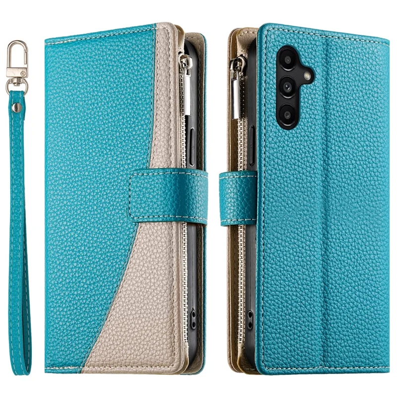 Capa para Samsung Galaxy A15 5G / 4G Carteira com Zíper, Divisão de Cores em Couro, Flip com Alças - Azul Lago
