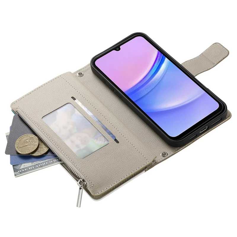 Capa para Samsung Galaxy A15 5G / 4G Carteira com Zíper, Divisão de Cores em Couro, Flip com Alças - Azul Lago