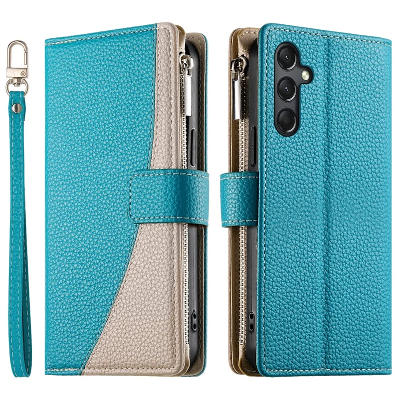 Étui pour Samsung Galaxy A24 4G (162,1 mm) Portefeuille à Fermeture Éclair Bicolore en Cuir avec Sangles - Bleu Lac