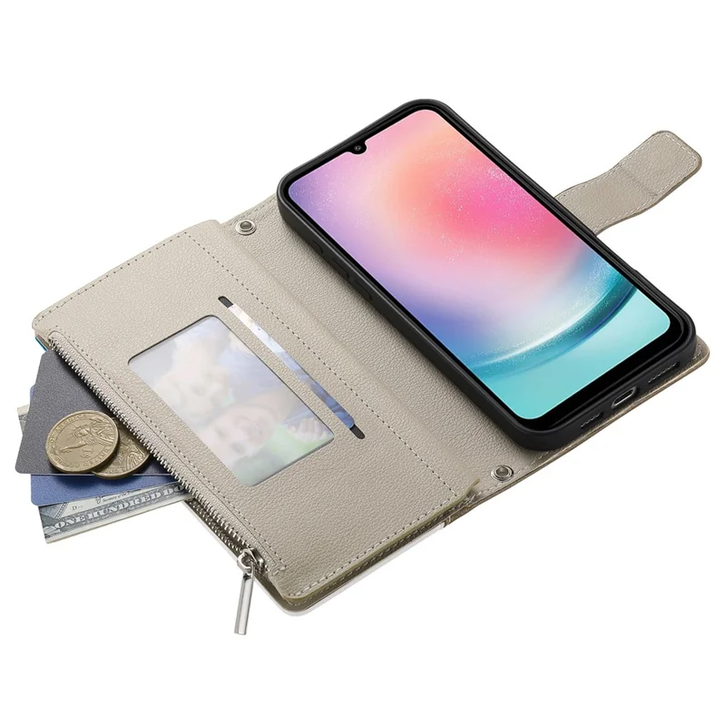 Étui pour Samsung Galaxy A24 4G (162,1 mm) Portefeuille à Fermeture Éclair Bicolore en Cuir avec Sangles - Bleu Lac