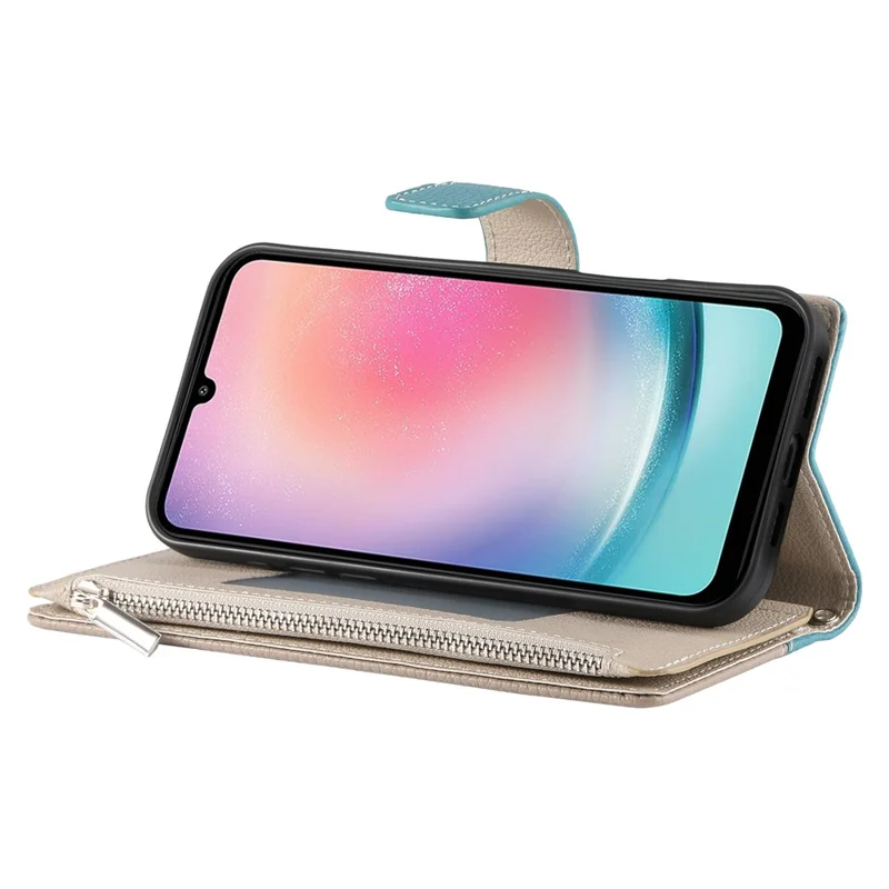 Étui pour Samsung Galaxy A24 4G (162,1 mm) Portefeuille à Fermeture Éclair Bicolore en Cuir avec Sangles - Bleu Lac