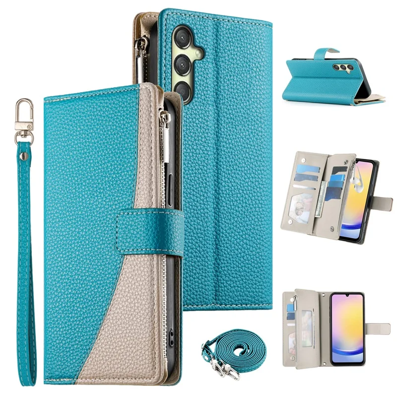 Per Samsung Galaxy A25 5G (Global) (161,0 mm) Custodia Portafoglio Zip Colore Splicing Pelle Flip Cover con Cinturini - Blu Lago