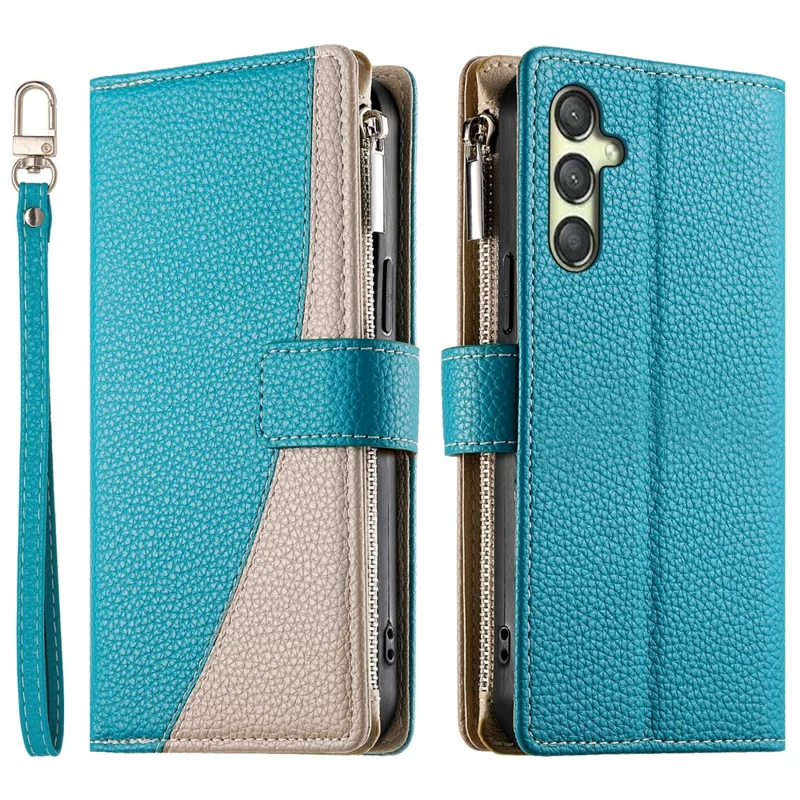 Per Samsung Galaxy A25 5G (Global) (161,0 mm) Custodia Portafoglio Zip Colore Splicing Pelle Flip Cover con Cinturini - Blu Lago