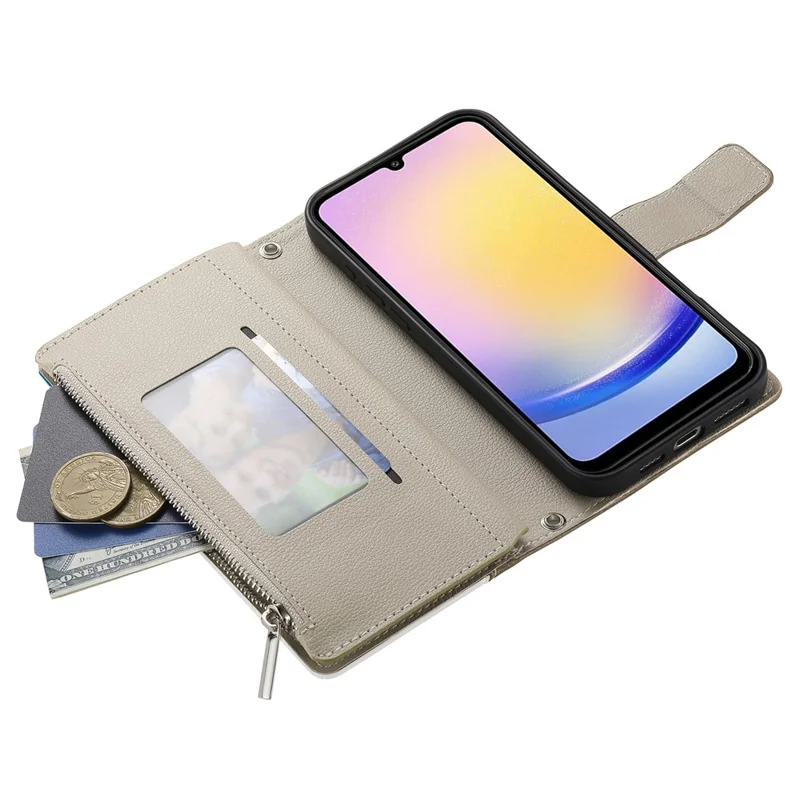 Per Samsung Galaxy A25 5G (Global) (161,0 mm) Custodia Portafoglio Zip Colore Splicing Pelle Flip Cover con Cinturini - Blu Lago