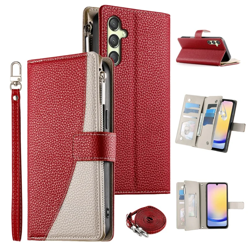 For Samsung Galaxy A25 5G (Global) (161.0mm) Case Zipper Wallet Color Splicing Leather Flip Phone Cover with Straps - Red
