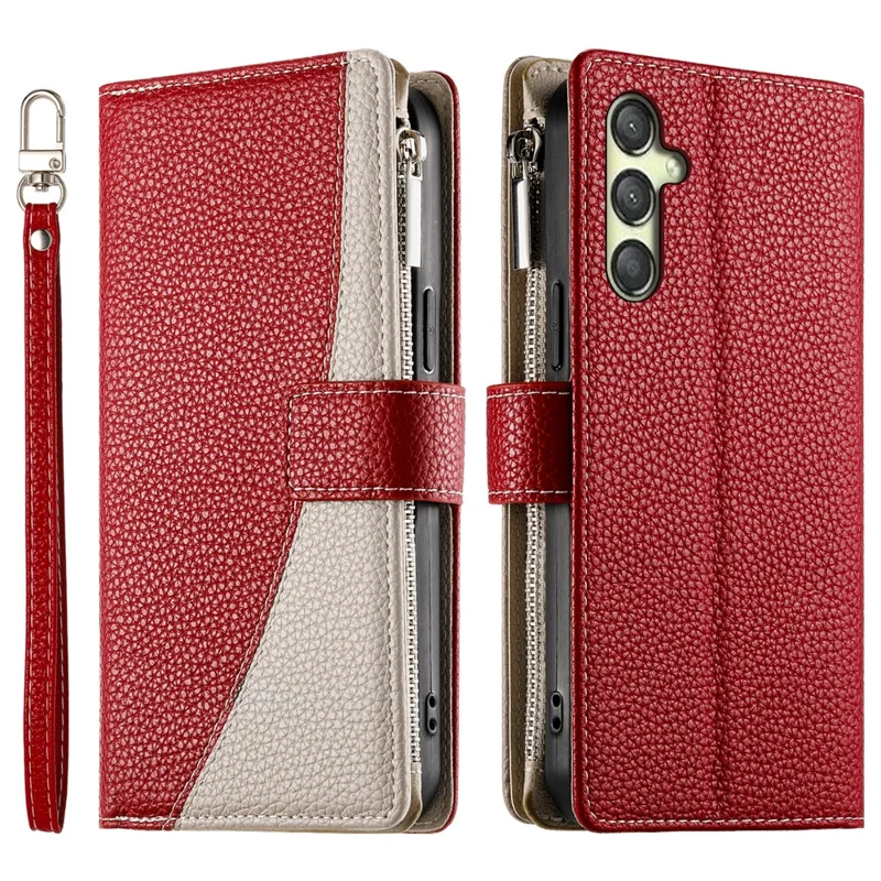 For Samsung Galaxy A25 5G (Global) (161.0mm) Case Zipper Wallet Color Splicing Leather Flip Phone Cover with Straps - Red