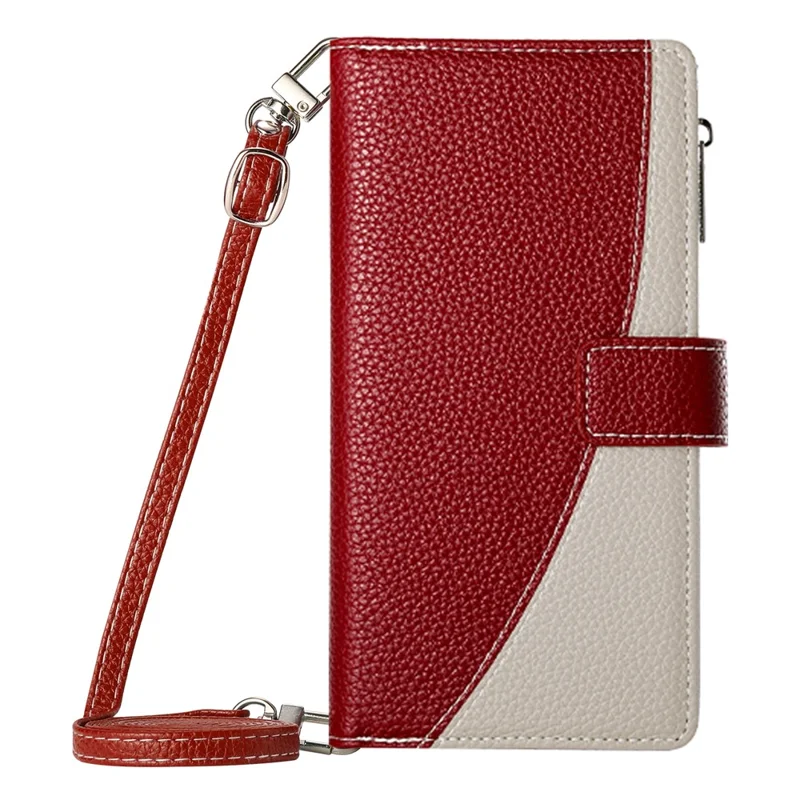 For Samsung Galaxy A25 5G (Global) (161.0mm) Case Zipper Wallet Color Splicing Leather Flip Phone Cover with Straps - Red