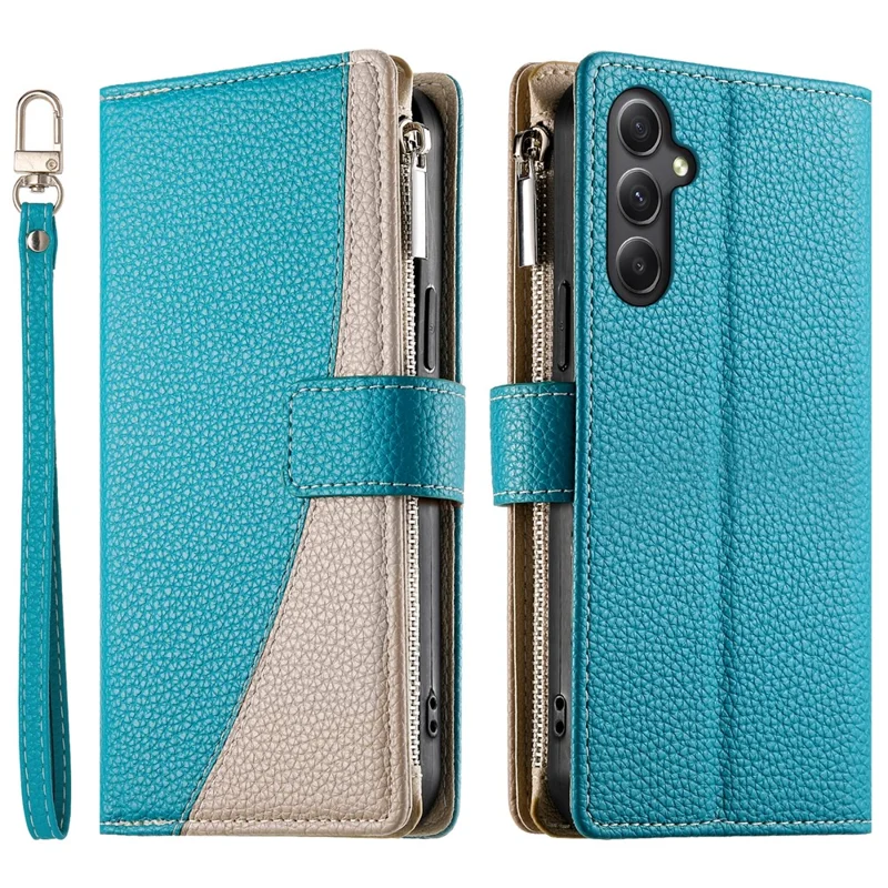 Capa para Samsung Galaxy A35 5G Carteira com Zíper, Divisão de Cores em Couro, Flip para Celular com Alças - Azul Lago