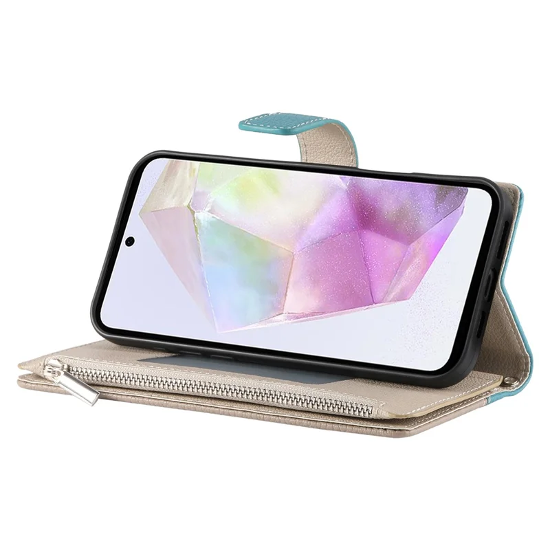 Capa para Samsung Galaxy A35 5G Carteira com Zíper, Divisão de Cores em Couro, Flip para Celular com Alças - Azul Lago