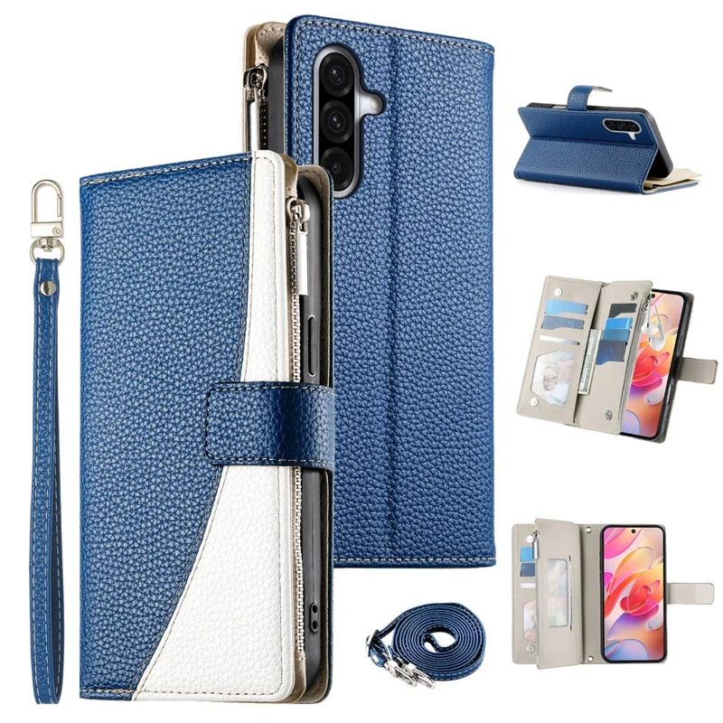 For Samsung Galaxy A36 5G Case Zipper Wallet Color Splicing Leather Flip Phone Cover with Straps - Dark Blue