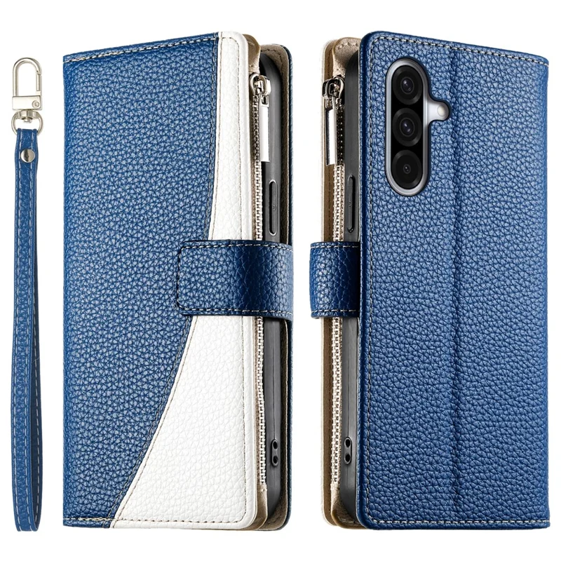 For Samsung Galaxy A36 5G Case Zipper Wallet Color Splicing Leather Flip Phone Cover with Straps - Dark Blue
