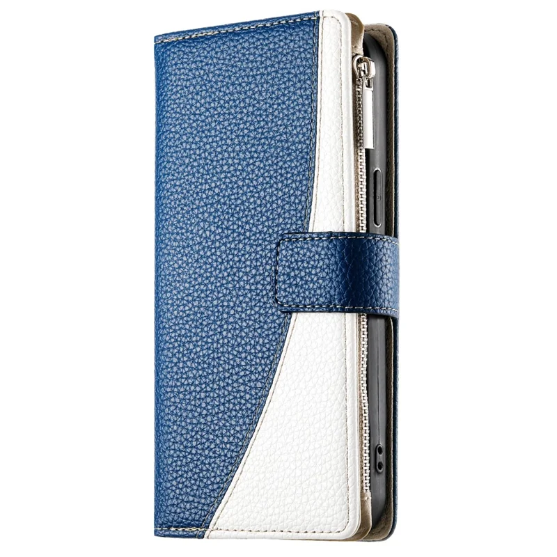 For Samsung Galaxy A36 5G Case Zipper Wallet Color Splicing Leather Flip Phone Cover with Straps - Dark Blue