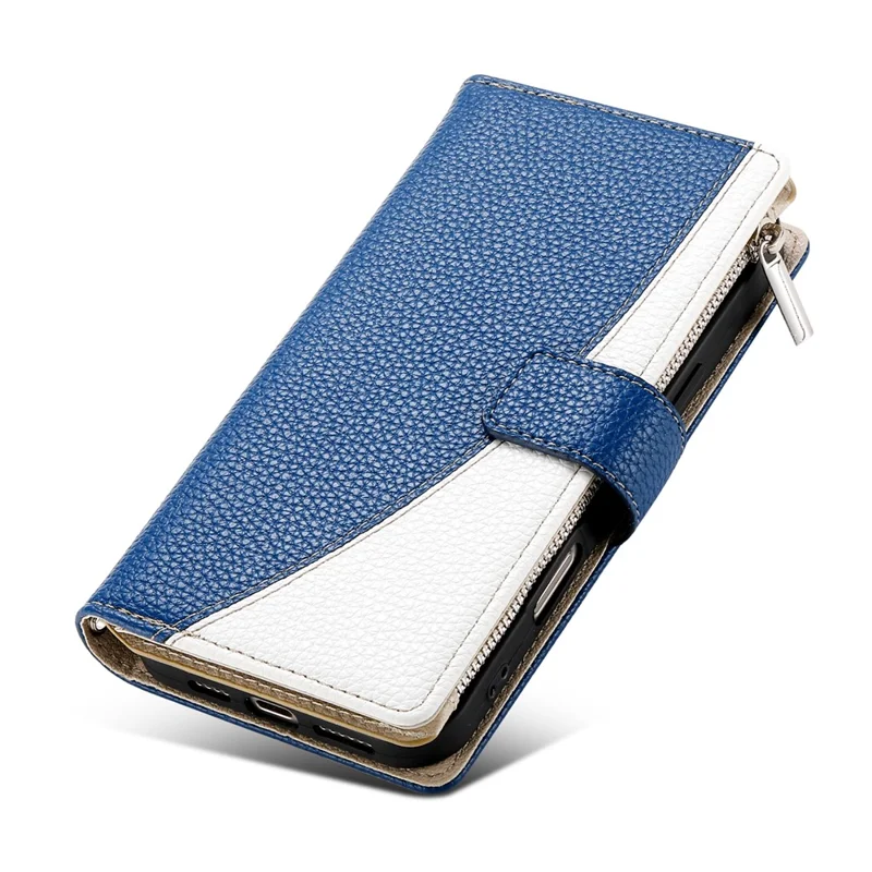 For Samsung Galaxy A36 5G Case Zipper Wallet Color Splicing Leather Flip Phone Cover with Straps - Dark Blue