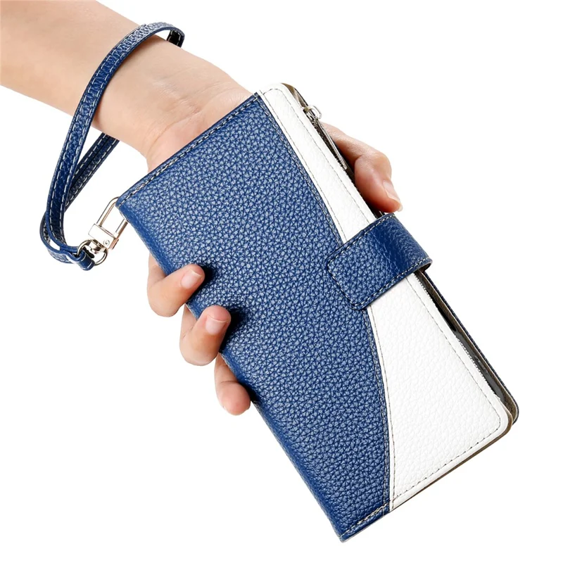 For Samsung Galaxy A36 5G Case Zipper Wallet Color Splicing Leather Flip Phone Cover with Straps - Dark Blue