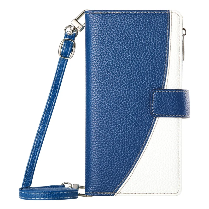 For Samsung Galaxy A36 5G Case Zipper Wallet Color Splicing Leather Flip Phone Cover with Straps - Dark Blue