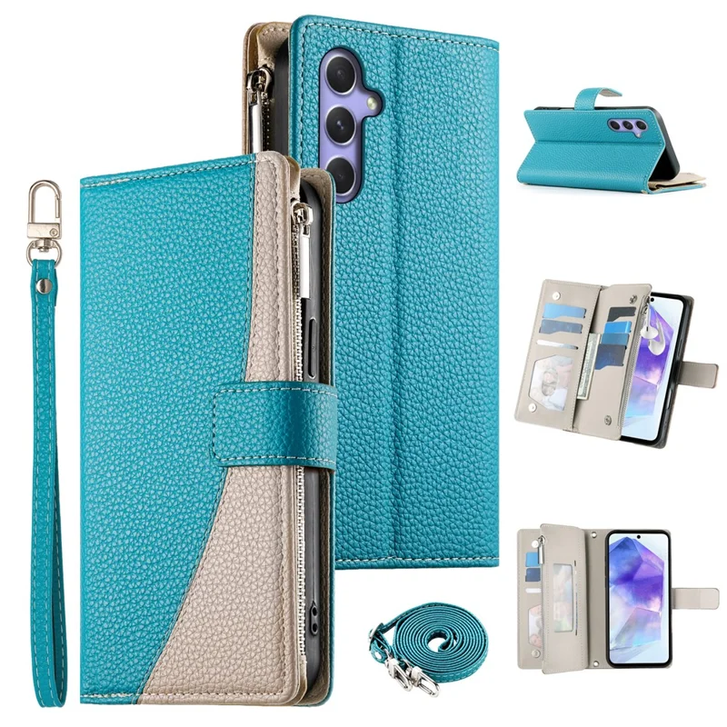 For Samsung Galaxy A55 5G Case Zipper Wallet Color Splicing Leather Flip Phone Cover with Straps - Lake Blue