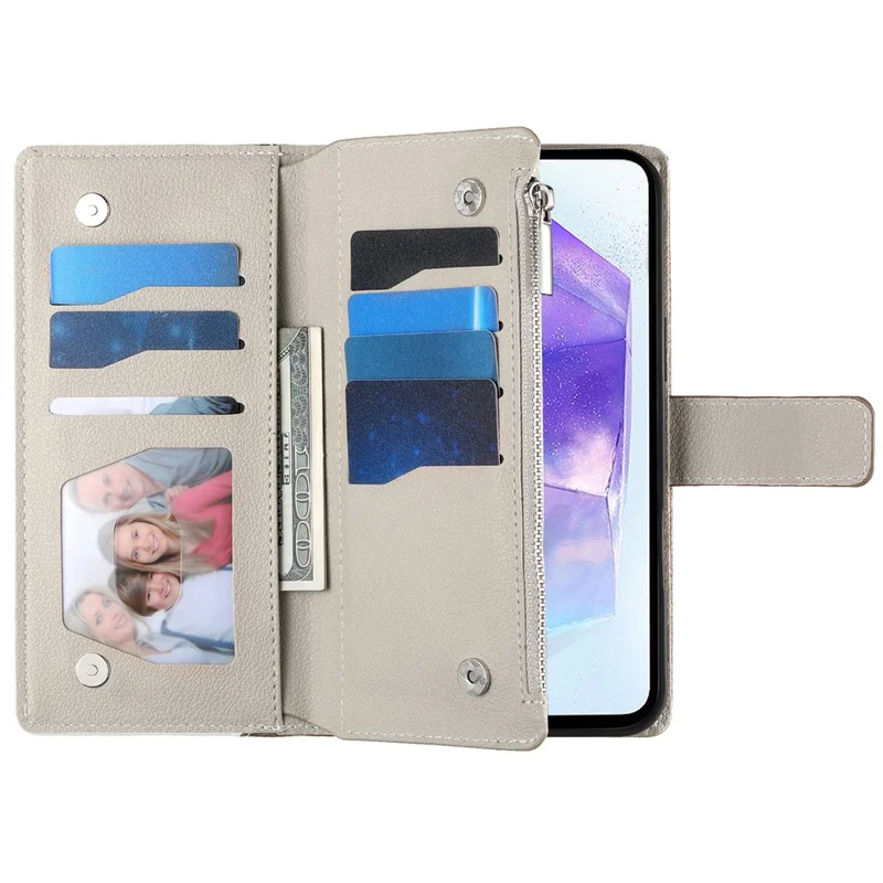 For Samsung Galaxy A55 5G Case Zipper Wallet Color Splicing Leather Flip Phone Cover with Straps - Lake Blue