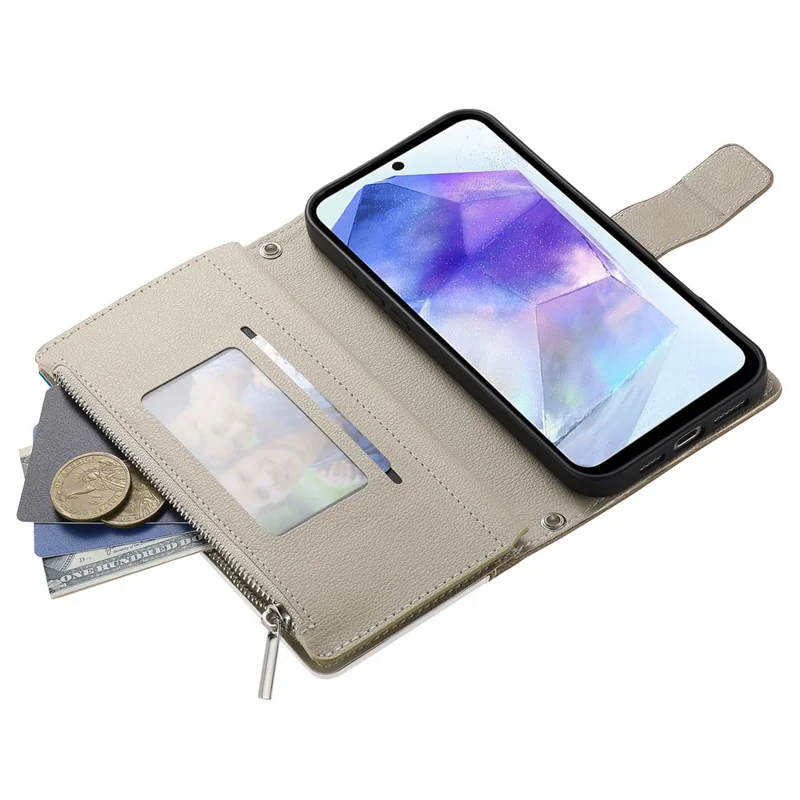 For Samsung Galaxy A55 5G Case Zipper Wallet Color Splicing Leather Flip Phone Cover with Straps - Lake Blue