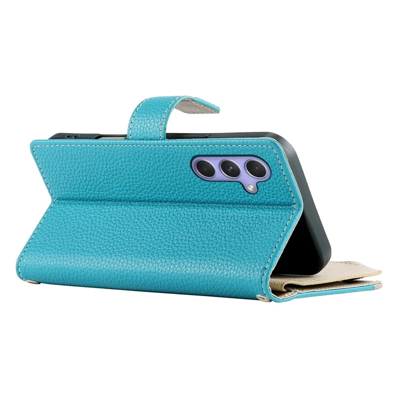 For Samsung Galaxy A55 5G Case Zipper Wallet Color Splicing Leather Flip Phone Cover with Straps - Lake Blue