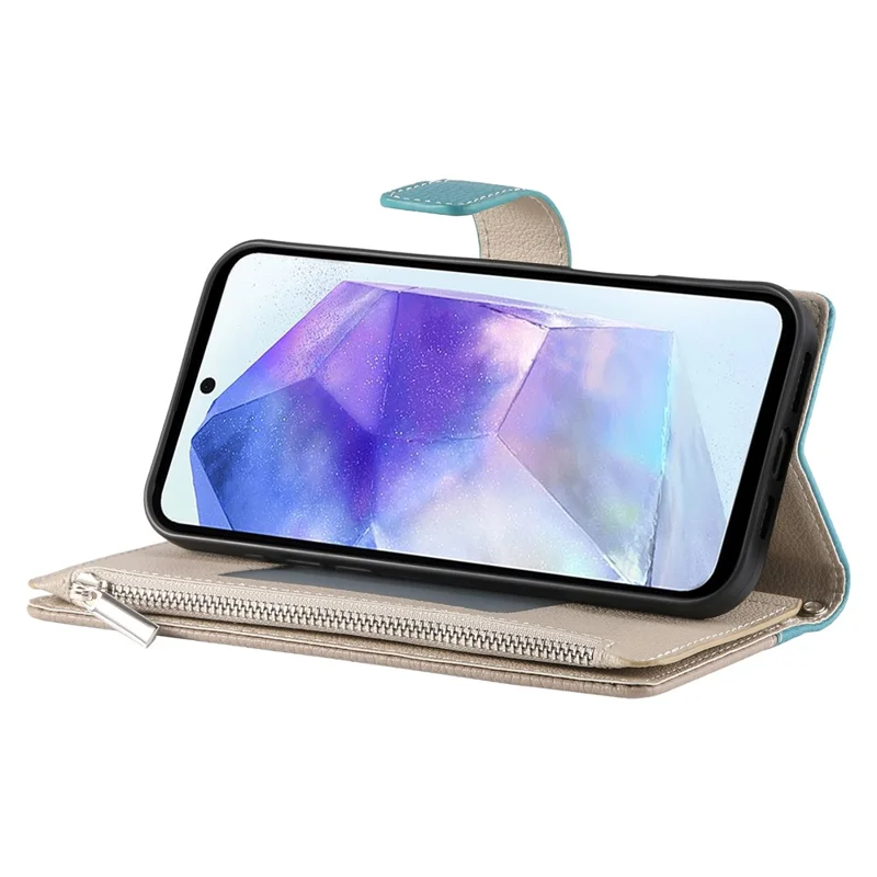 For Samsung Galaxy A55 5G Case Zipper Wallet Color Splicing Leather Flip Phone Cover with Straps - Lake Blue