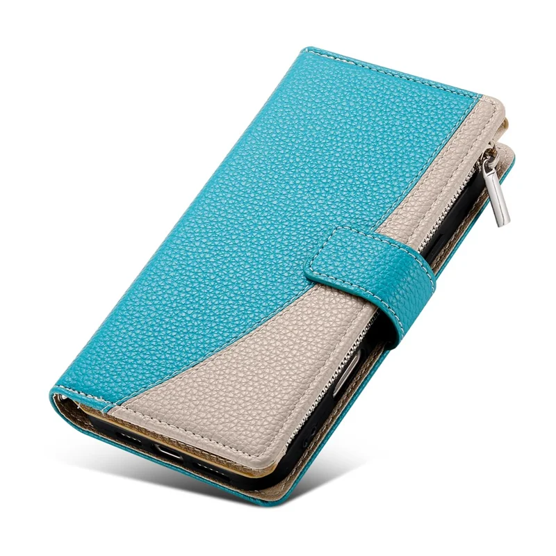 For Samsung Galaxy A55 5G Case Zipper Wallet Color Splicing Leather Flip Phone Cover with Straps - Lake Blue