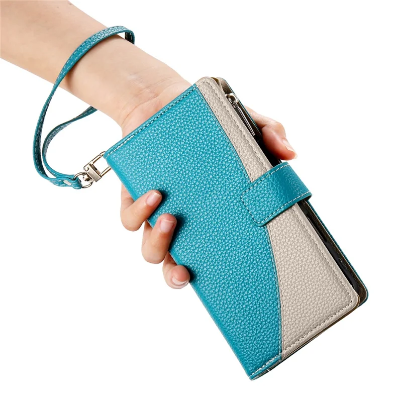 For Samsung Galaxy A55 5G Case Zipper Wallet Color Splicing Leather Flip Phone Cover with Straps - Lake Blue