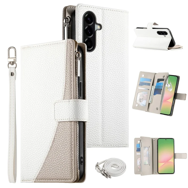 For Samsung Galaxy A56 5G Case Zipper Wallet Color Splicing Leather Flip Phone Cover with Straps - White