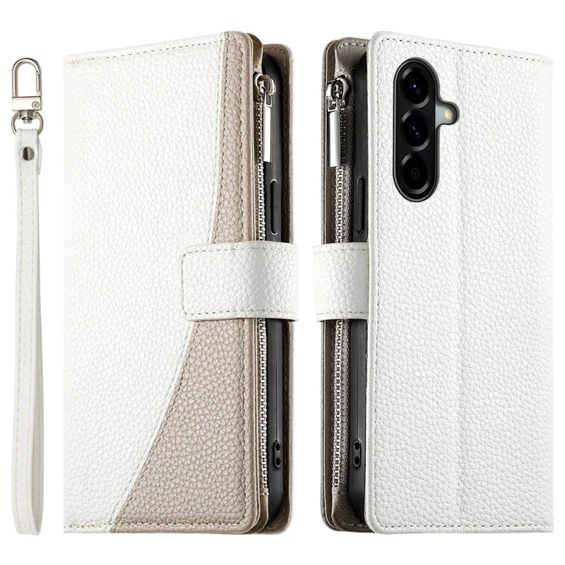 For Samsung Galaxy A56 5G Case Zipper Wallet Color Splicing Leather Flip Phone Cover with Straps - White