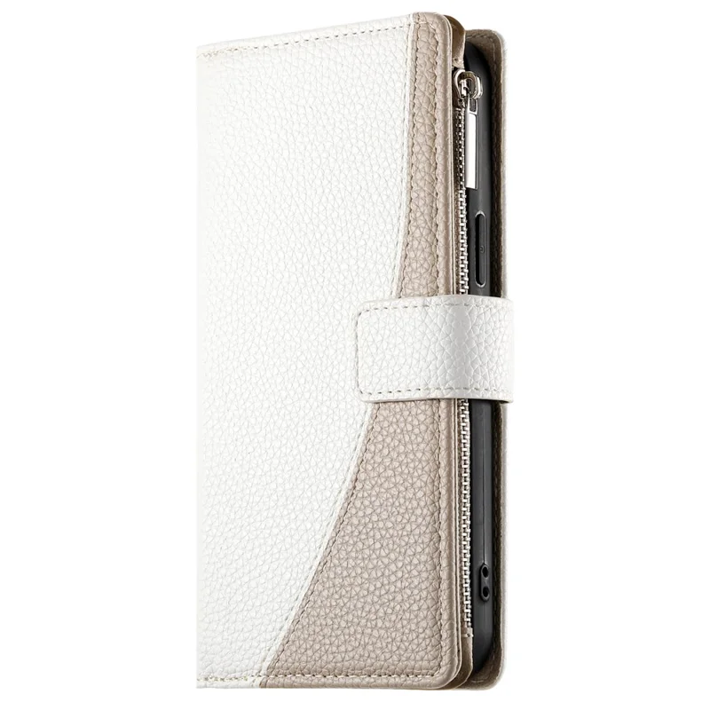 For Samsung Galaxy A56 5G Case Zipper Wallet Color Splicing Leather Flip Phone Cover with Straps - White