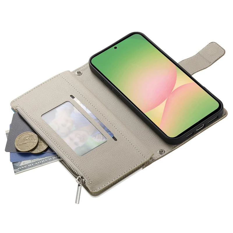 For Samsung Galaxy A56 5G Case Zipper Wallet Color Splicing Leather Flip Phone Cover with Straps - White