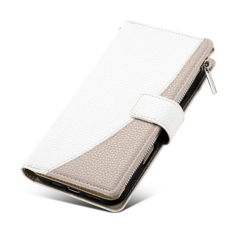 For Samsung Galaxy A56 5G Case Zipper Wallet Color Splicing Leather Flip Phone Cover with Straps - White