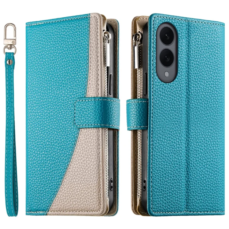 For Samsung Galaxy S25 Edge Case Zipper Wallet Color Splicing Leather Flip Phone Cover with Straps - Lake Blue