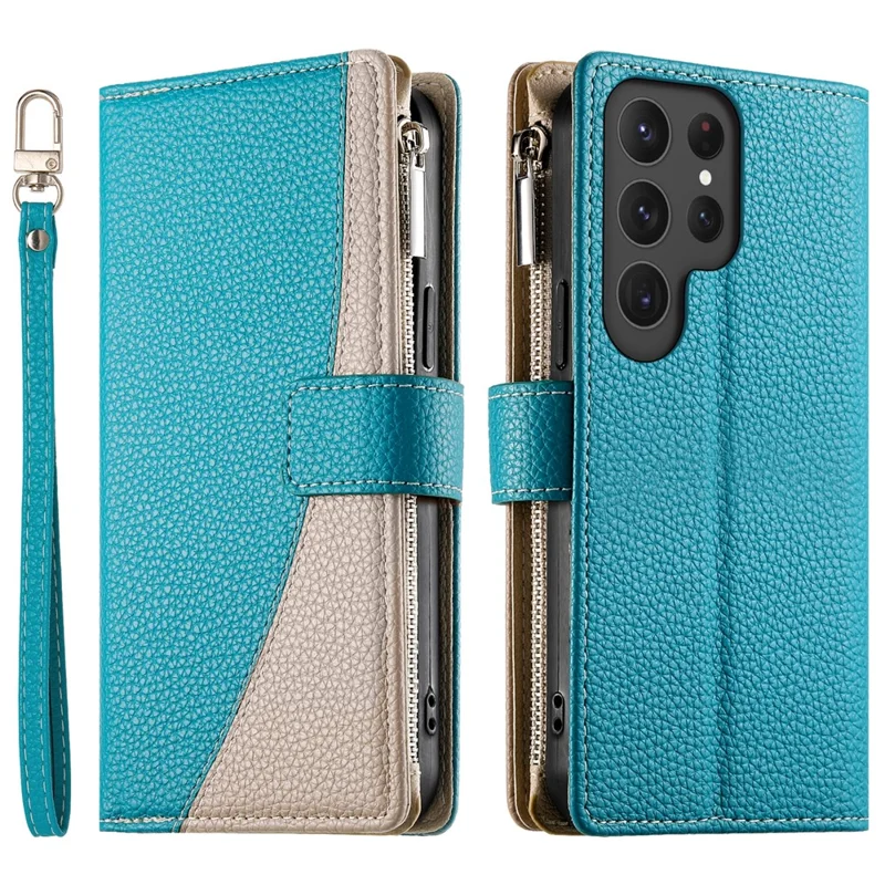 Pour Samsung Galaxy S24 Ultra Étui Portefeuille Fermeture Éclair Couleur Mélangée Cuir Flip Housse de Téléphone avec Sangles - Bleu Lac