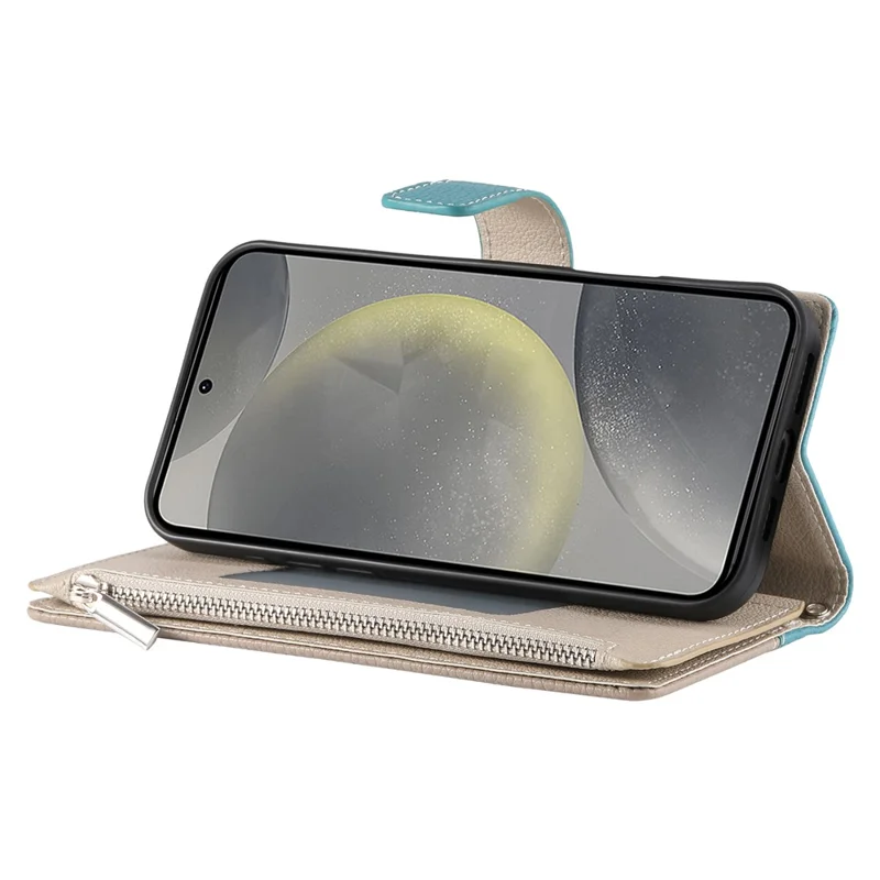 Pour Samsung Galaxy S24 Ultra Étui Portefeuille Fermeture Éclair Couleur Mélangée Cuir Flip Housse de Téléphone avec Sangles - Bleu Lac