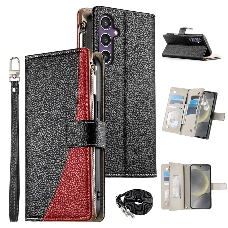 For Samsung Galaxy S25  /  S24 Case Zipper Wallet Color Splicing Leather Flip Phone Cover with Straps - Black
