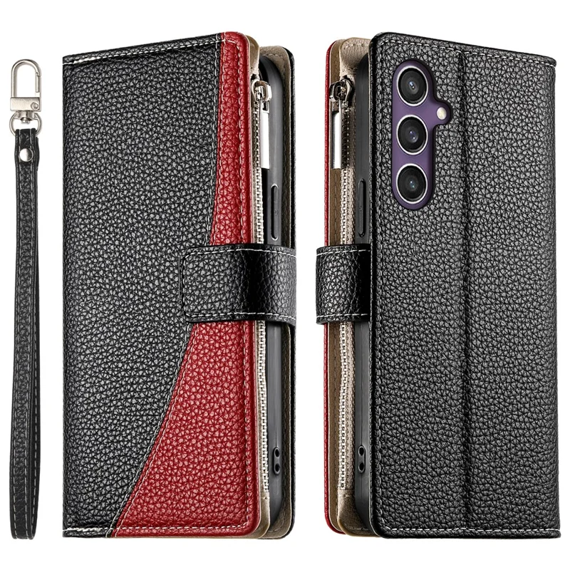 For Samsung Galaxy S25  /  S24 Case Zipper Wallet Color Splicing Leather Flip Phone Cover with Straps - Black