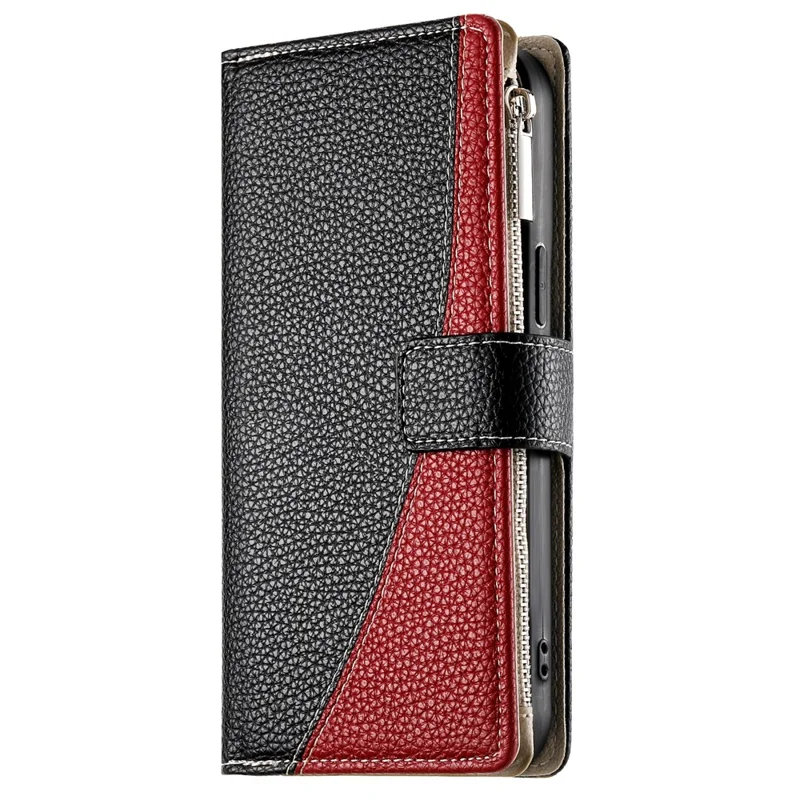 For Samsung Galaxy S25  /  S24 Case Zipper Wallet Color Splicing Leather Flip Phone Cover with Straps - Black