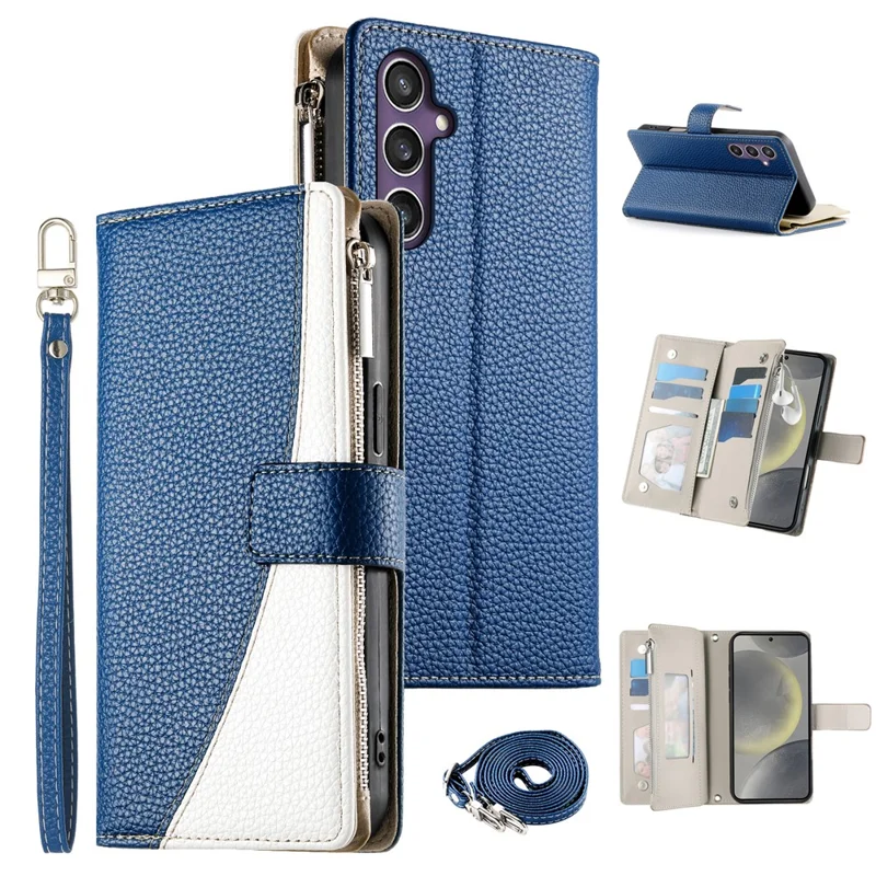 For Samsung Galaxy S25  /  S24 Case Zipper Wallet Color Splicing Leather Flip Phone Cover with Straps - Dark Blue