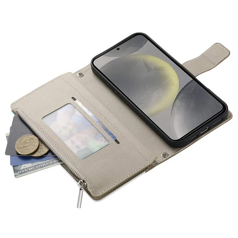 For Samsung Galaxy S25  /  S24 Case Zipper Wallet Color Splicing Leather Flip Phone Cover with Straps - Dark Blue