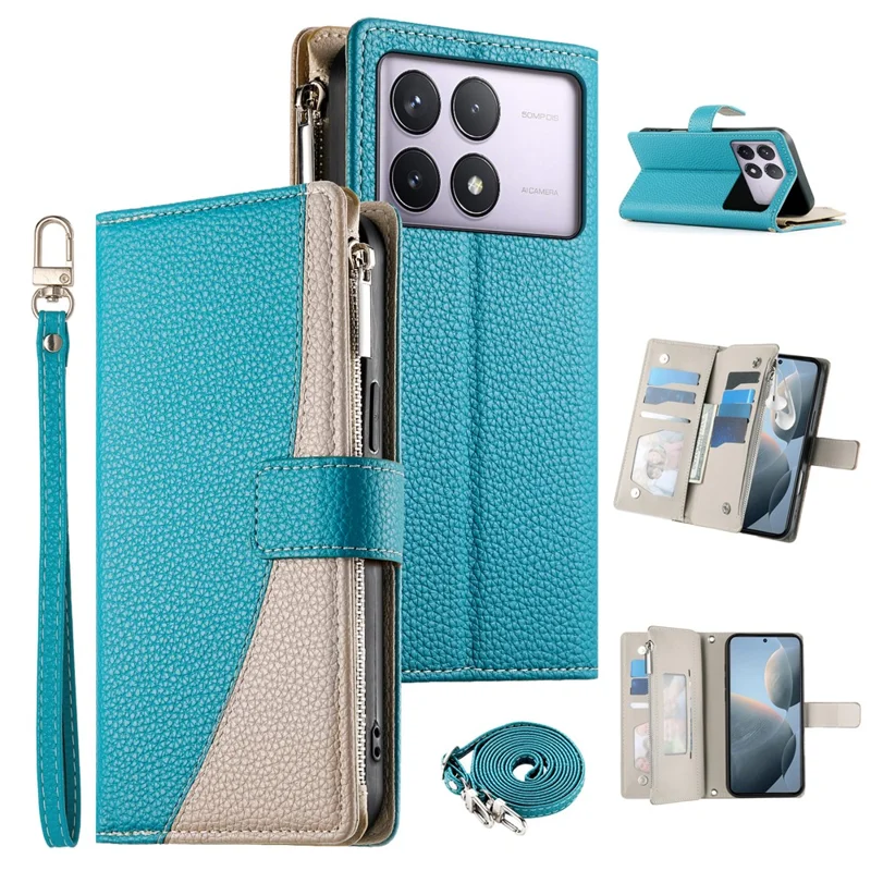 Étui en cuir pour Xiaomi Poco F6 Pro 5G / Redmi K70 Pro 5G / K70 5G Portefeuille à Fermeture Éclair Bicolore Rabattable avec Sangles - Bleu Lac