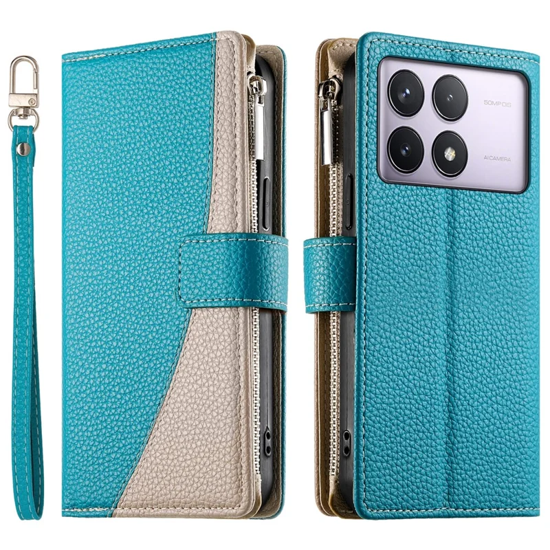 Étui en cuir pour Xiaomi Poco F6 Pro 5G / Redmi K70 Pro 5G / K70 5G Portefeuille à Fermeture Éclair Bicolore Rabattable avec Sangles - Bleu Lac
