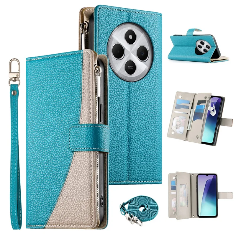Custodia in pelle per Xiaomi Redmi 14C 4G / 14R 5G / A3 Pro 4G / A4 5G / Poco C75 4G Portafoglio con cerniera Colore a contrasto Custodia flip con cinturini - Blu lago