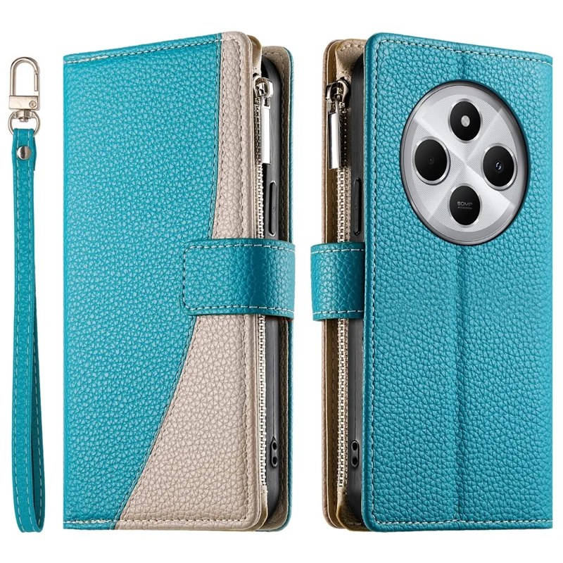 Custodia in pelle per Xiaomi Redmi 14C 4G / 14R 5G / A3 Pro 4G / A4 5G / Poco C75 4G Portafoglio con cerniera Colore a contrasto Custodia flip con cinturini - Blu lago
