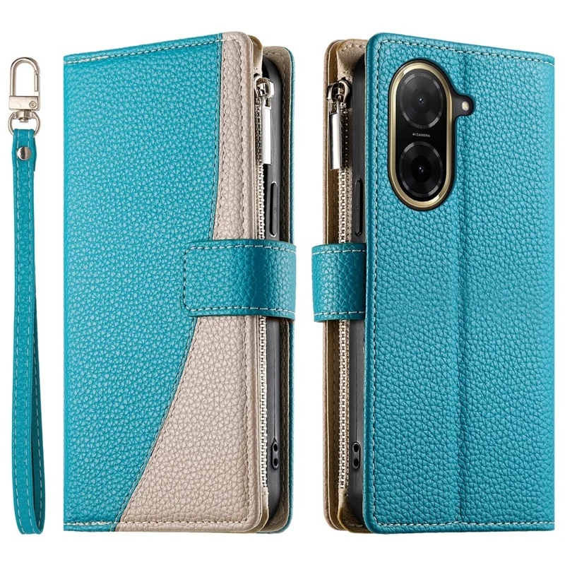 Per Xiaomi Redmi A5 4G (171,7mm) / Poco C71 4G Cover a Portafoglio con Cerniera, Schienale in Pelle a Contrasto di Colore con Laccetti - Blu Lago