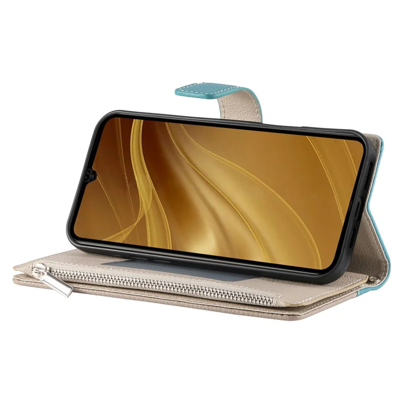 Per Xiaomi Redmi A5 4G (171,7mm) / Poco C71 4G Cover a Portafoglio con Cerniera, Schienale in Pelle a Contrasto di Colore con Laccetti - Blu Lago