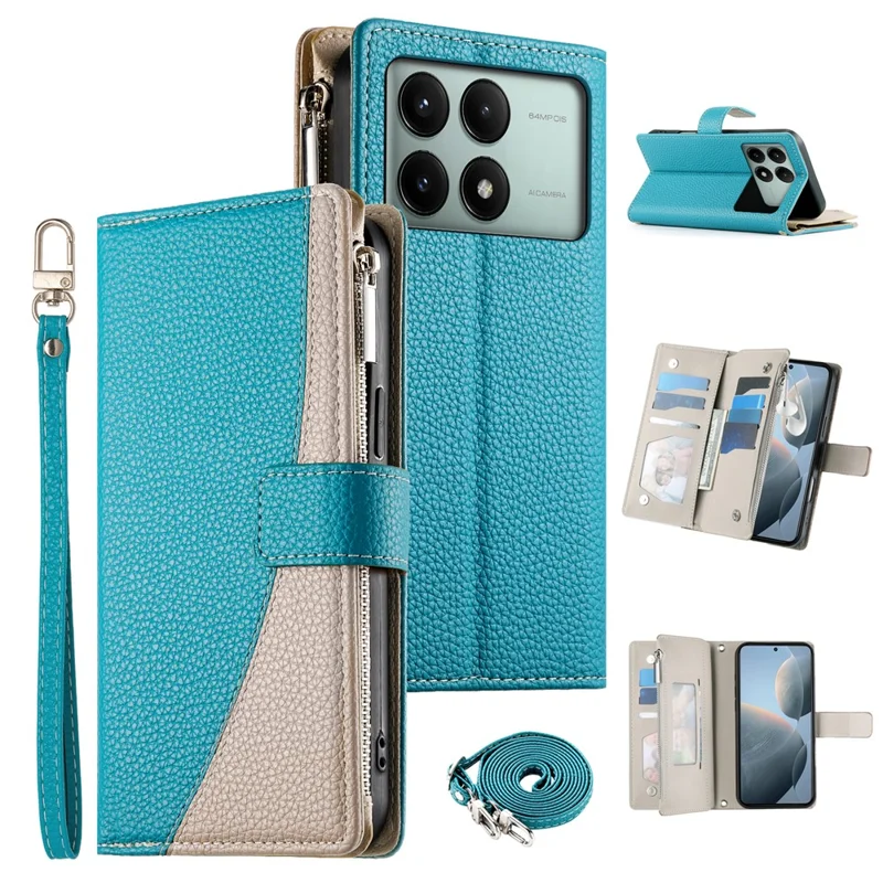 Cover a portafoglio con cerniera per Xiaomi Redmi K70E 5G / Poco X6 Pro 5G, con schermo a colori e chiusura in pelle con laccetti - Blu lago