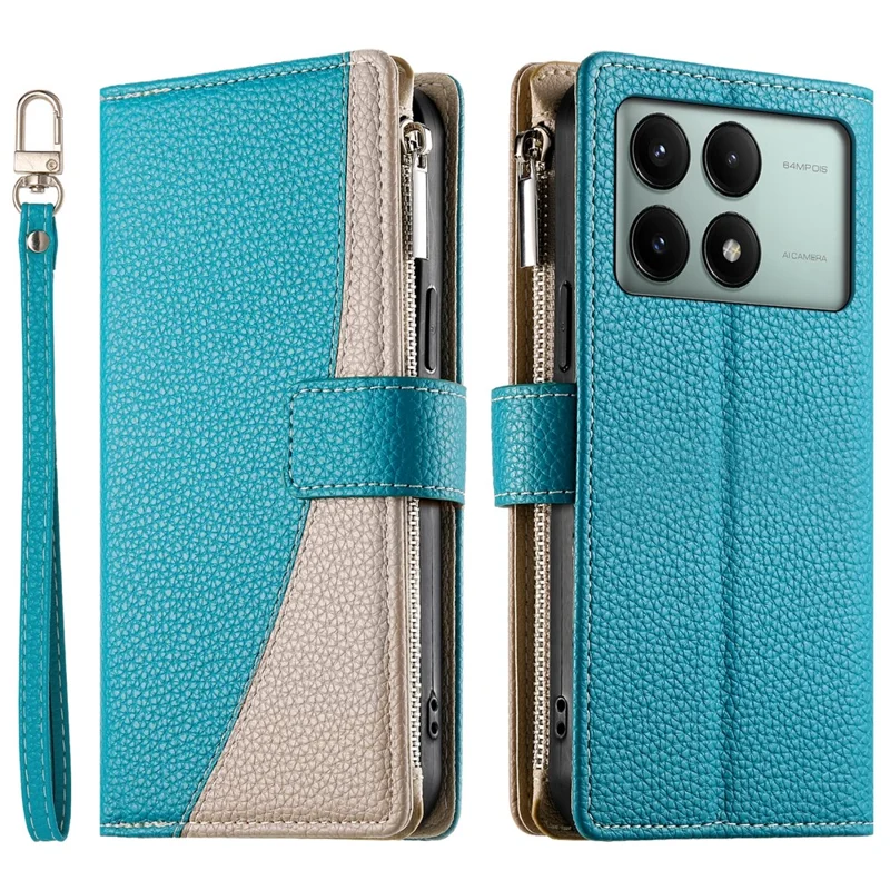 Cover a portafoglio con cerniera per Xiaomi Redmi K70E 5G / Poco X6 Pro 5G, con schermo a colori e chiusura in pelle con laccetti - Blu lago