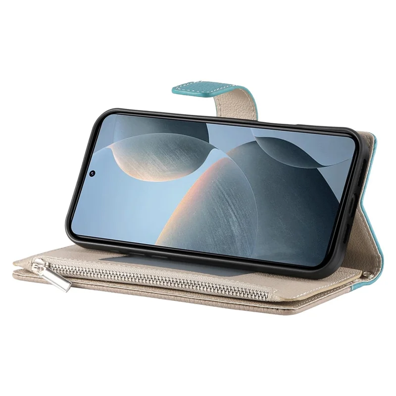 Cover a portafoglio con cerniera per Xiaomi Redmi K70E 5G / Poco X6 Pro 5G, con schermo a colori e chiusura in pelle con laccetti - Blu lago
