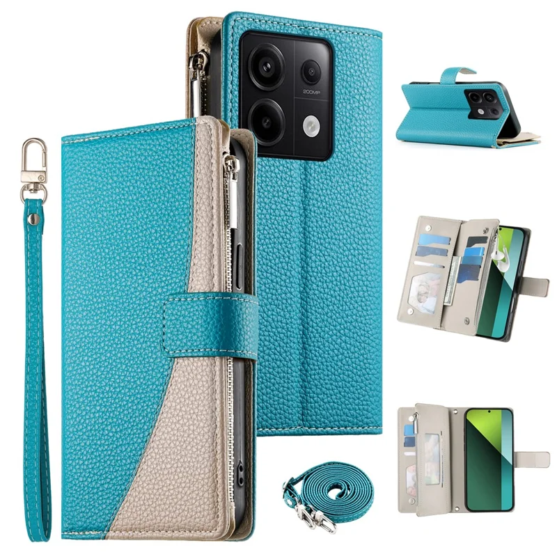 Für Xiaomi Redmi Note 13 Pro 5G / Poco X6 5G Hülle Reißverschluss Geldbörse Farbmischung Leder Flip Handyhülle mit Trageband - Seeblau